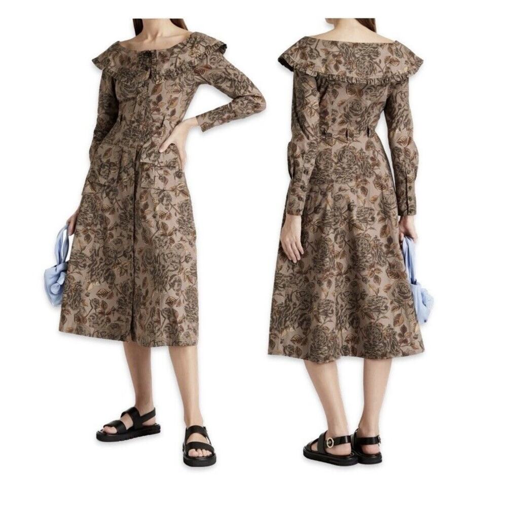 GANNI Ruffle sz L mushroom brown floral organic cotton poplin button shirt dress